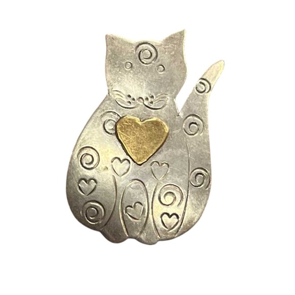 Artisan Jewelry - Vintage Multi Tone Artisan Cat With Hearts and Swirls Pin Brooch